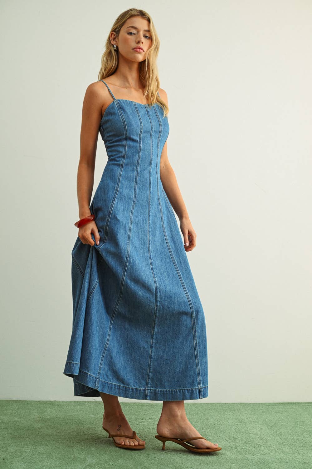 Paneled Denim Maxi Dress
