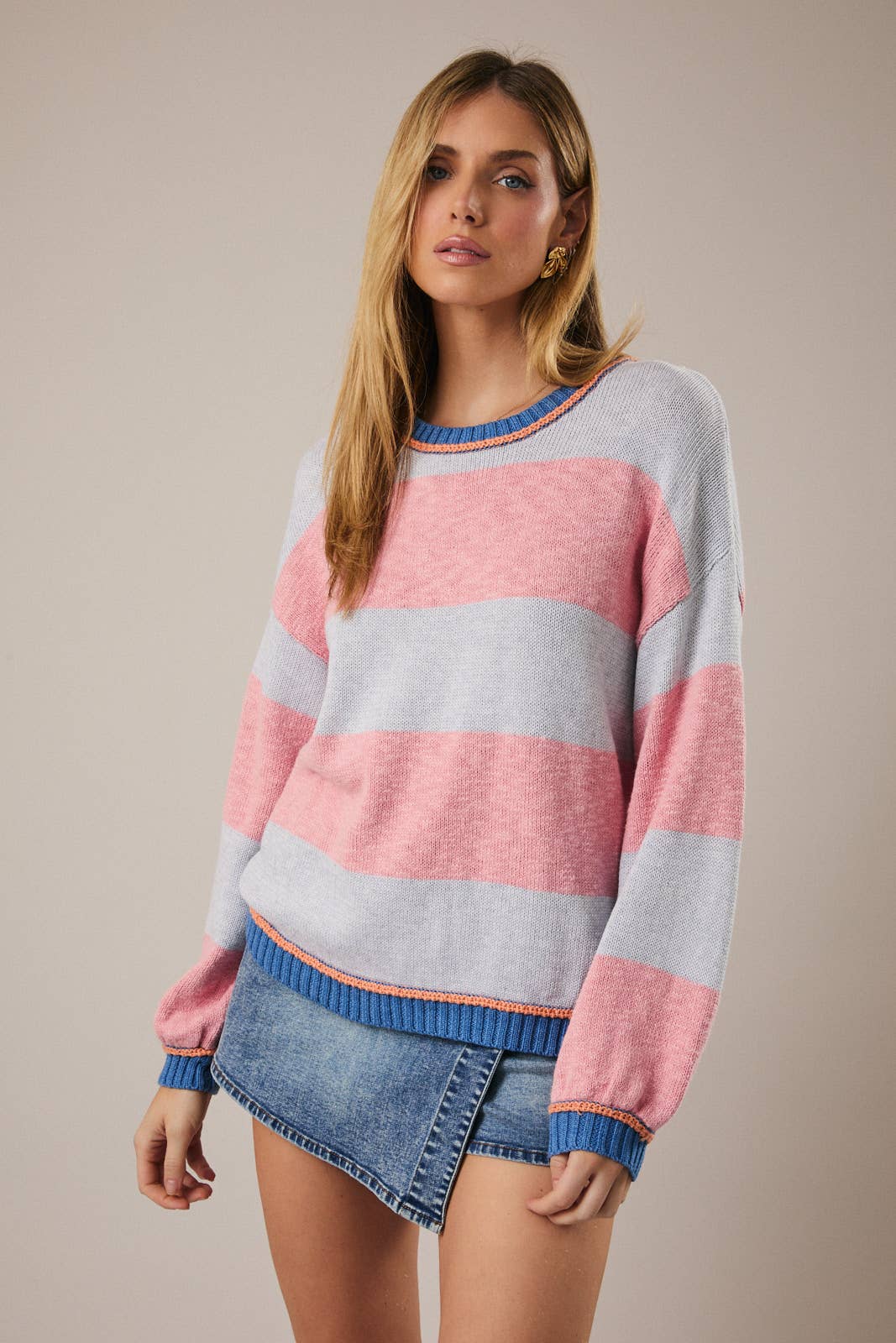 Pink/Periwinkle Striped Boat Neck Sweater