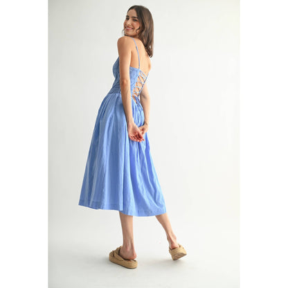 ELEGANT BLUE EYELET LACE MIDI DRESS: BLUE