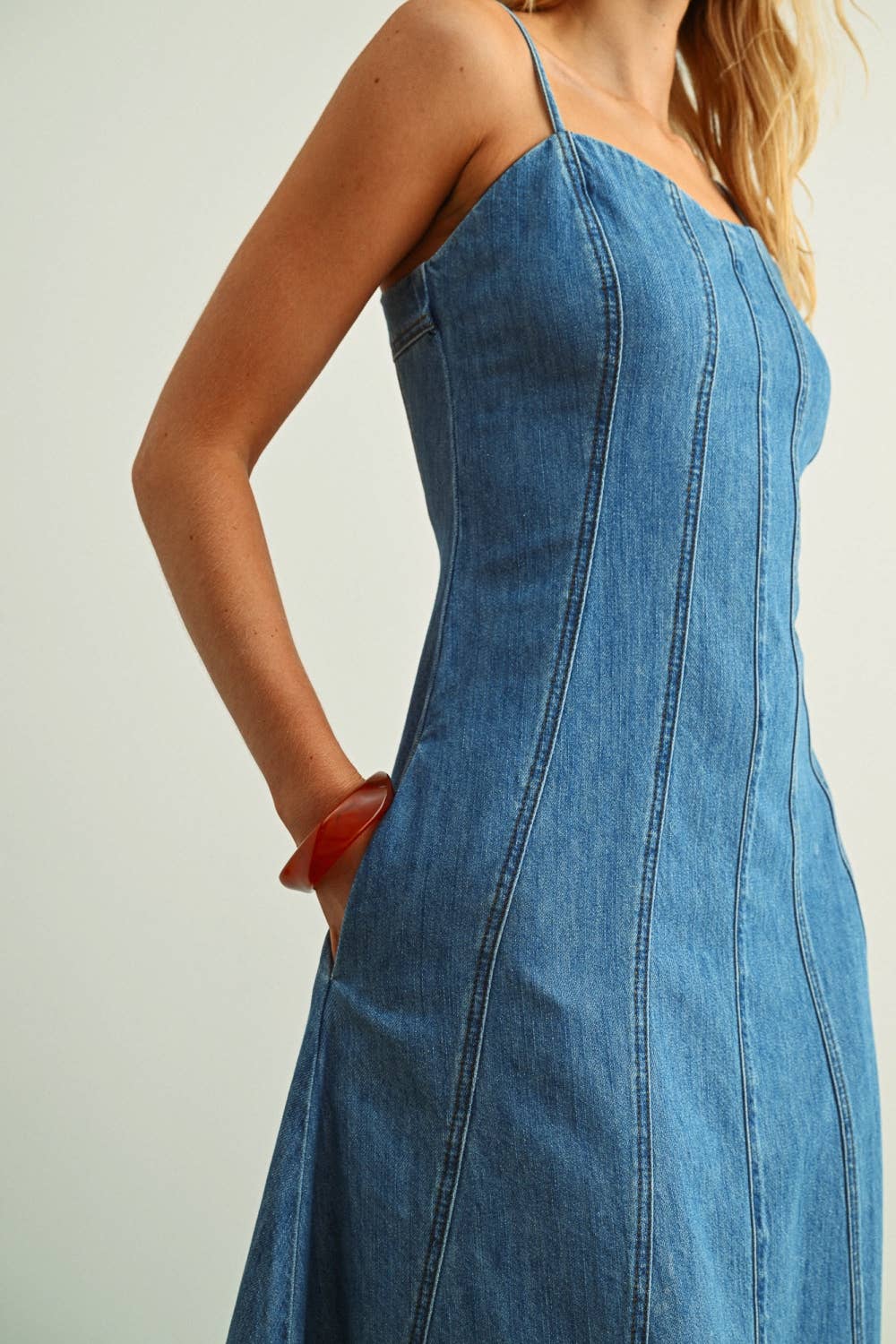 Paneled Denim Maxi Dress