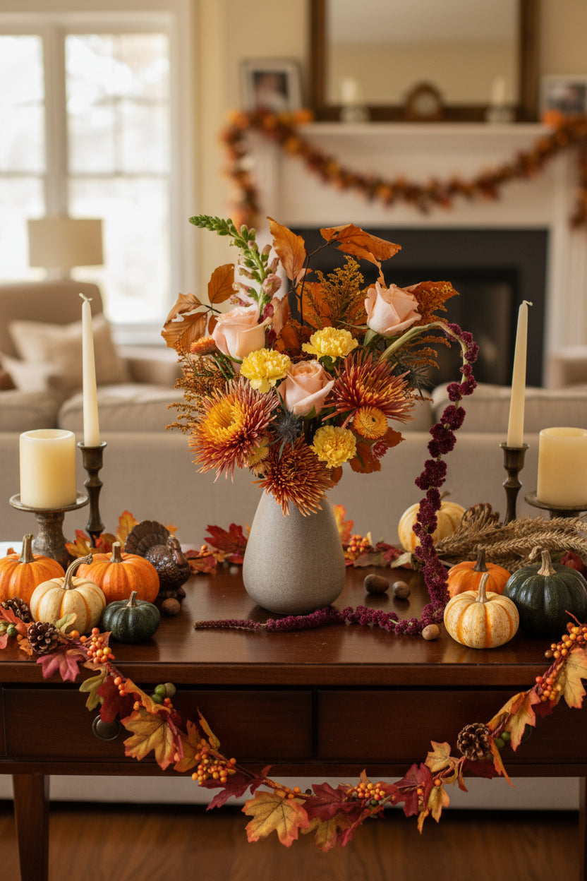 Bouquet of flowers in a vase with a pink background