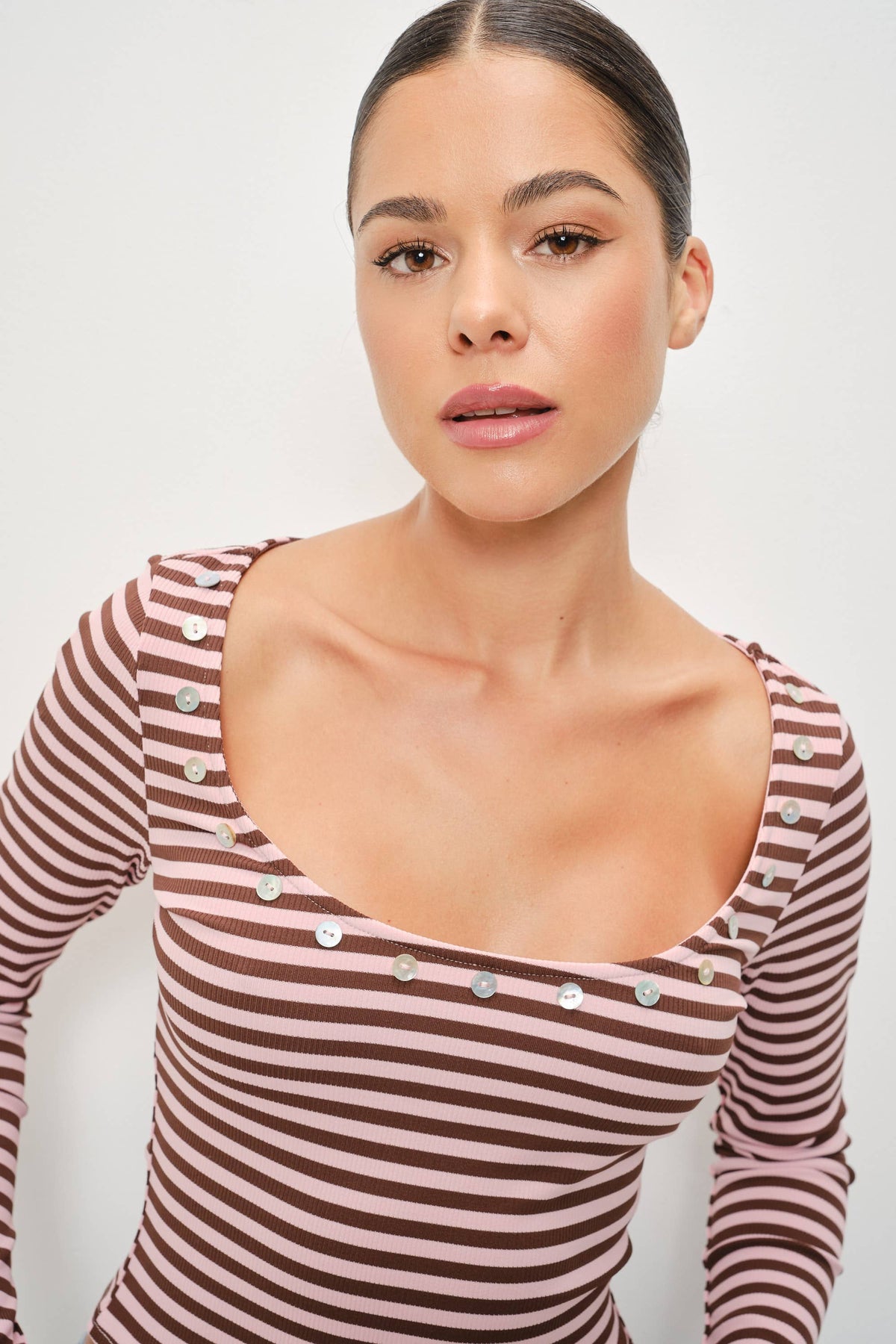 Rainey Button Detail Striped Top: Pink-Brown
