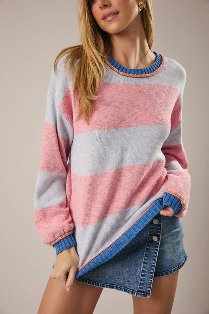 Pink/Periwinkle Striped Boat Neck Sweater