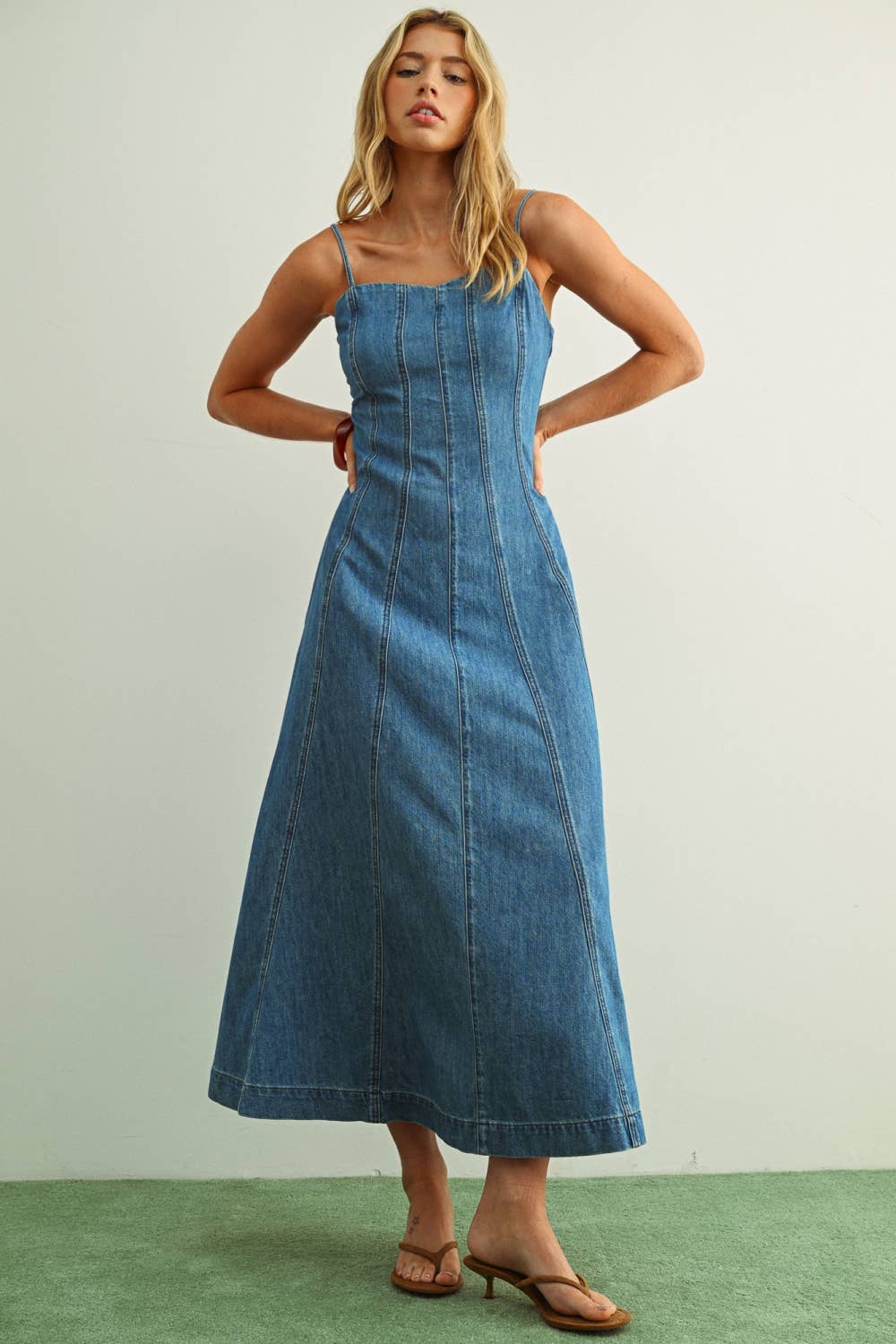 Paneled Denim Maxi Dress