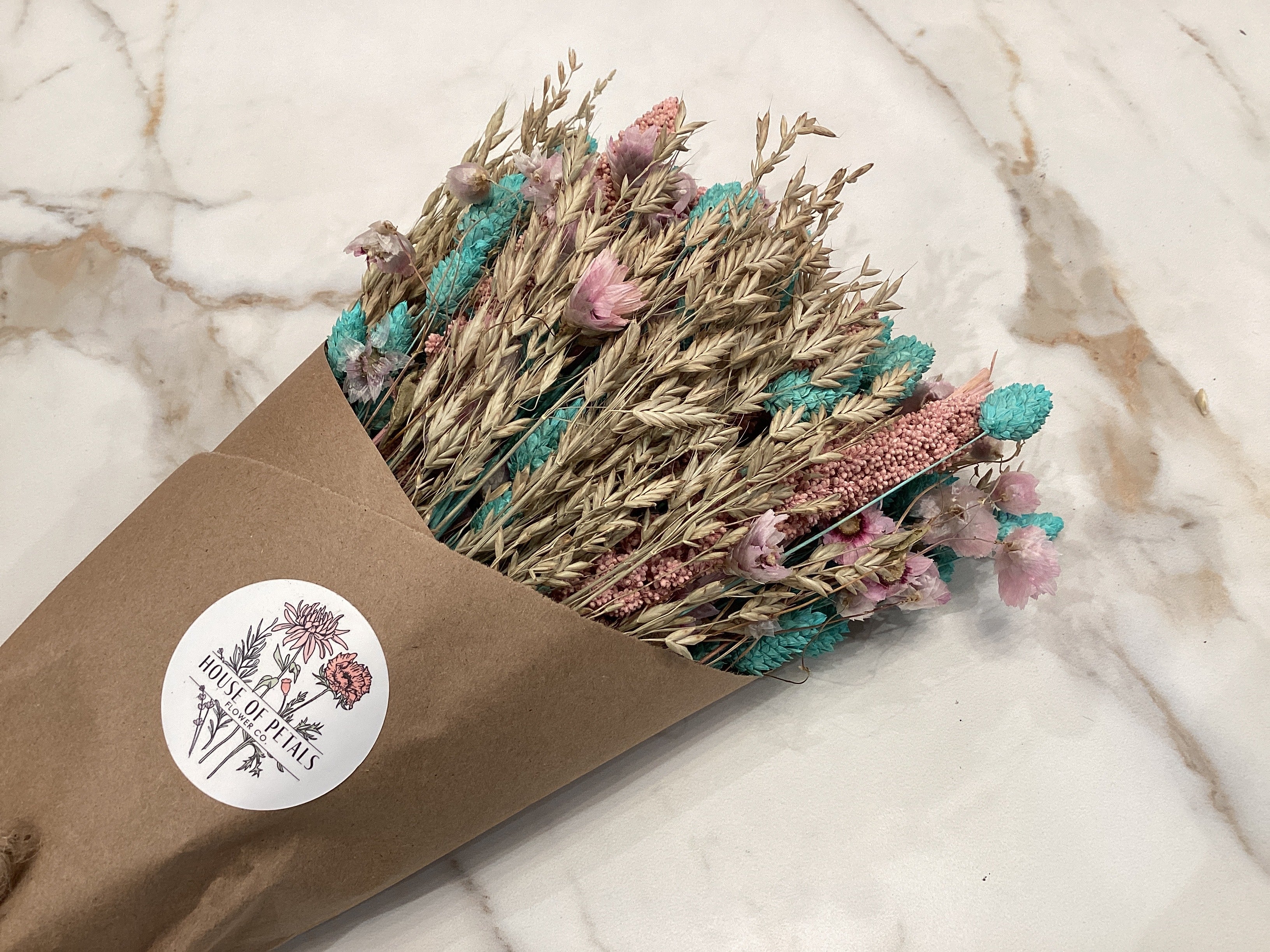 Dried Teal and Pink Bouquet