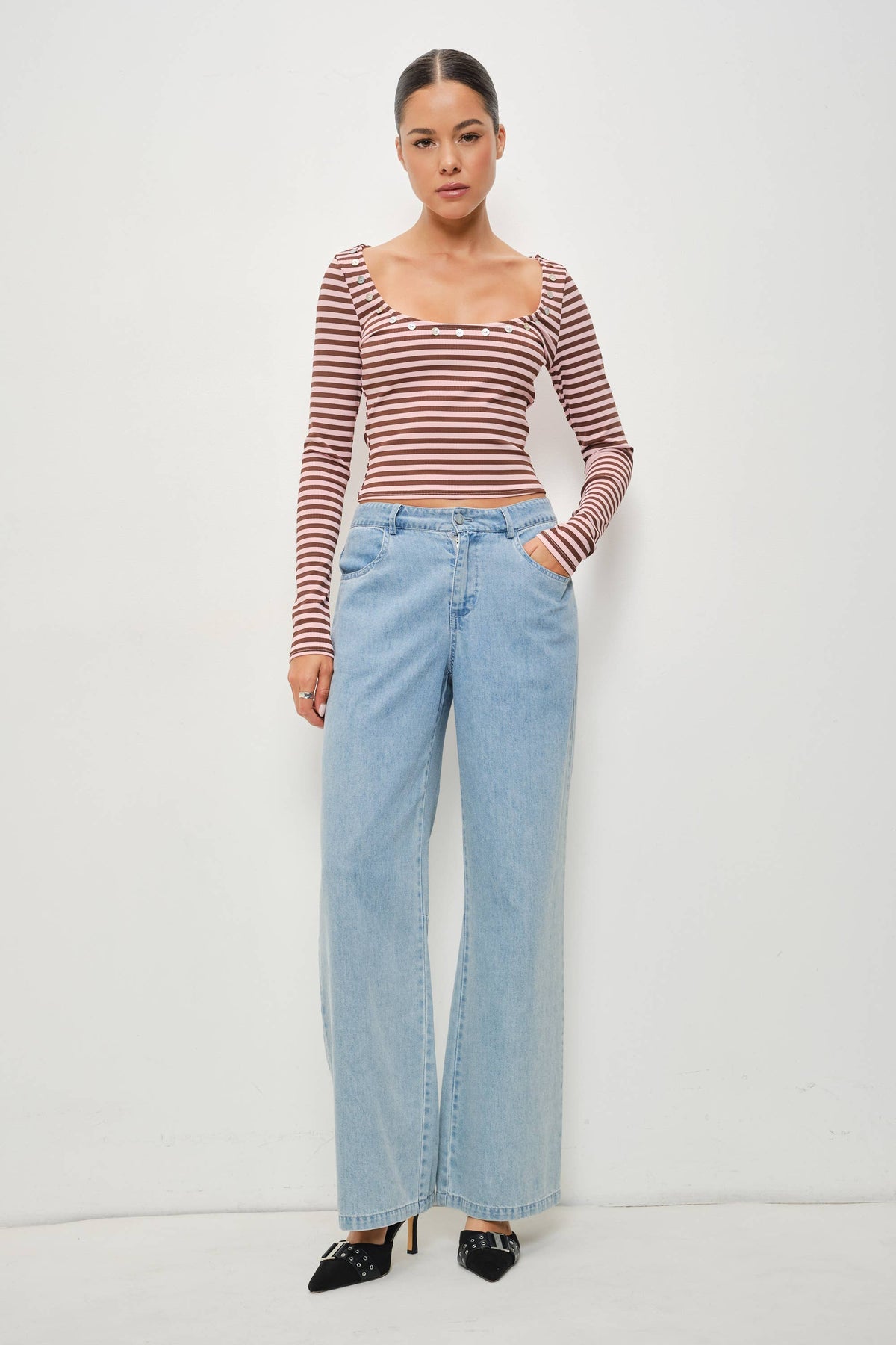 Rainey Button Detail Striped Top: Pink-Brown