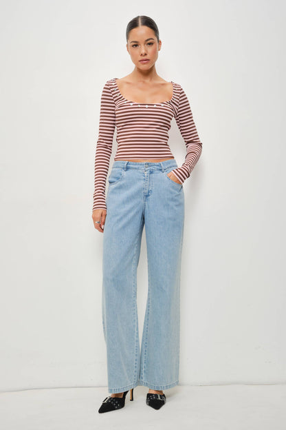 Rainey Button Detail Striped Top: Pink-Brown