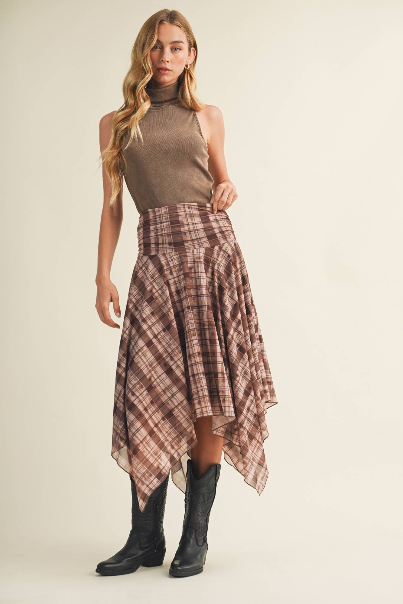Plaid Handkerchief Hem Midi Skirt