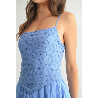 ELEGANT BLUE EYELET LACE MIDI DRESS: BLUE