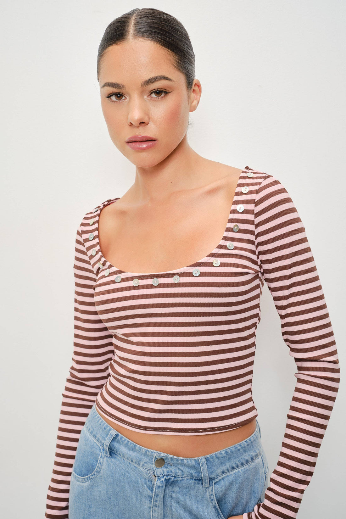Rainey Button Detail Striped Top: Pink-Brown