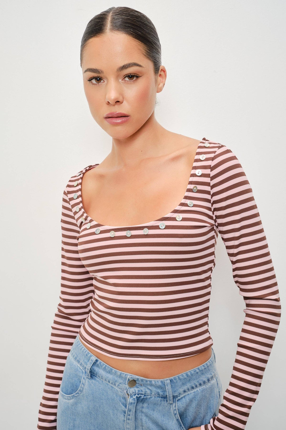 Rainey Button Detail Striped Top: Pink-Brown