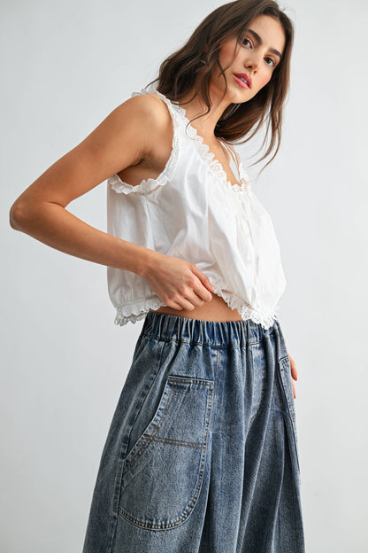 White Embroidered Cotton Babydoll Top