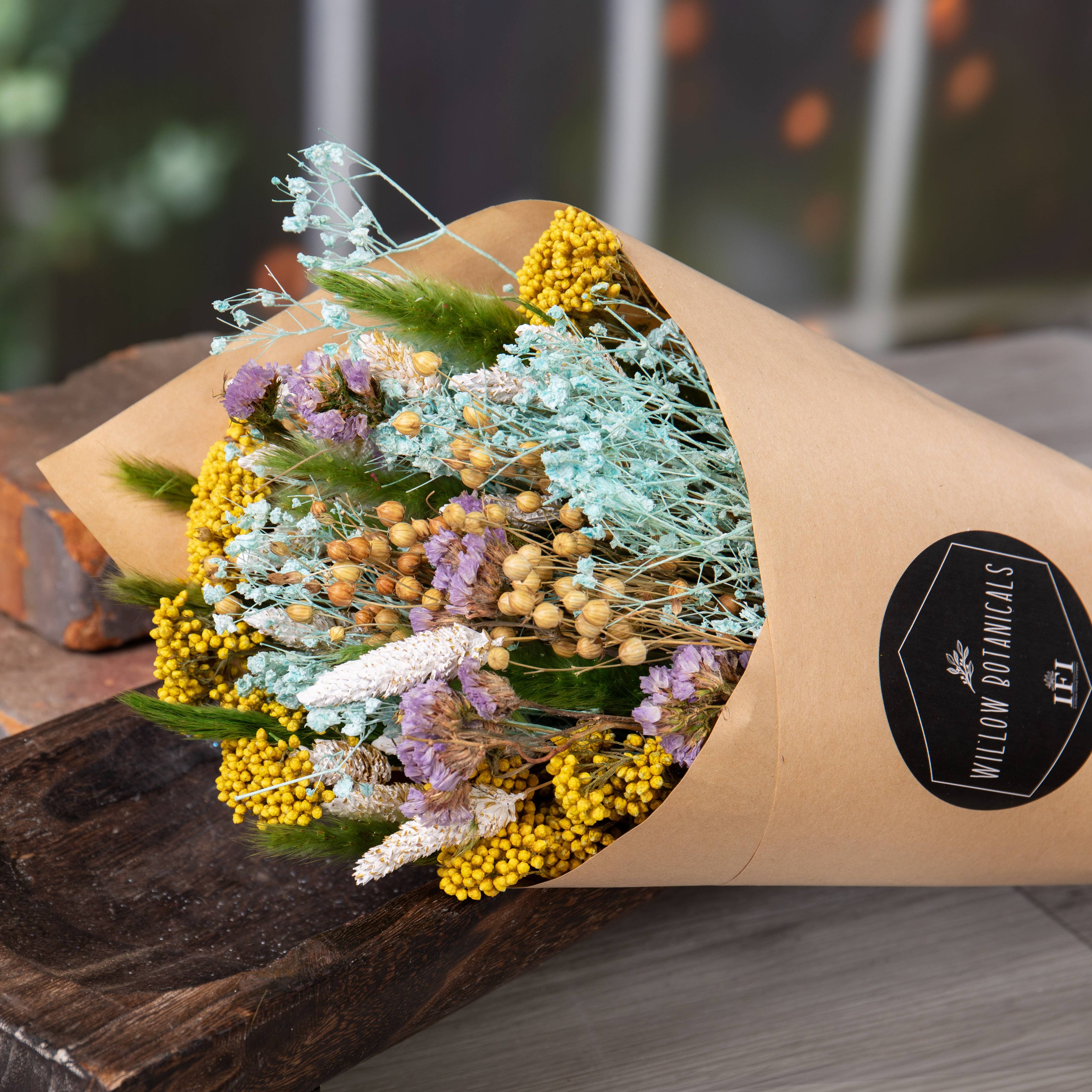 Dried Green, Yellow and Blue Bouquet