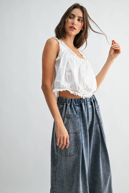White Embroidered Cotton Babydoll Top